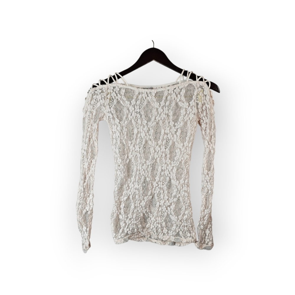 Free People White Lace Long Sleeve Top Womens XS Sheer Floral Off Shoulder - Picture 2 of 5